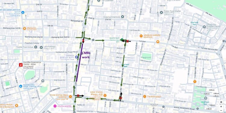 Traffic Diversion at Adyar, Chennai for CMRL work